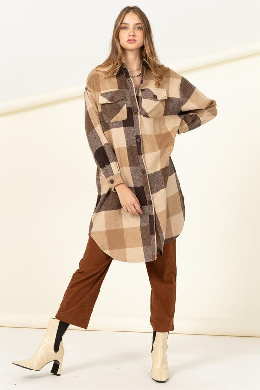 Trendy Throwback Checkered Shacket BROWN S by HYFVE | Fleurcouture