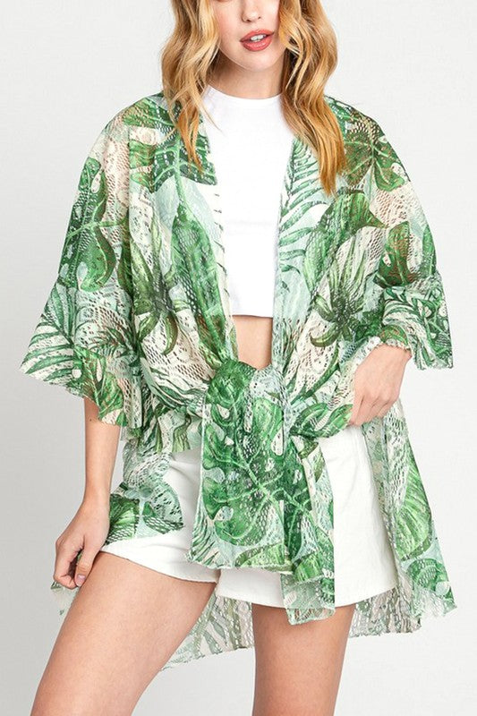 Tropical Leaf Printed Lace Kimono Cardigan Green O/S by Artini Accessories | Fleurcouture