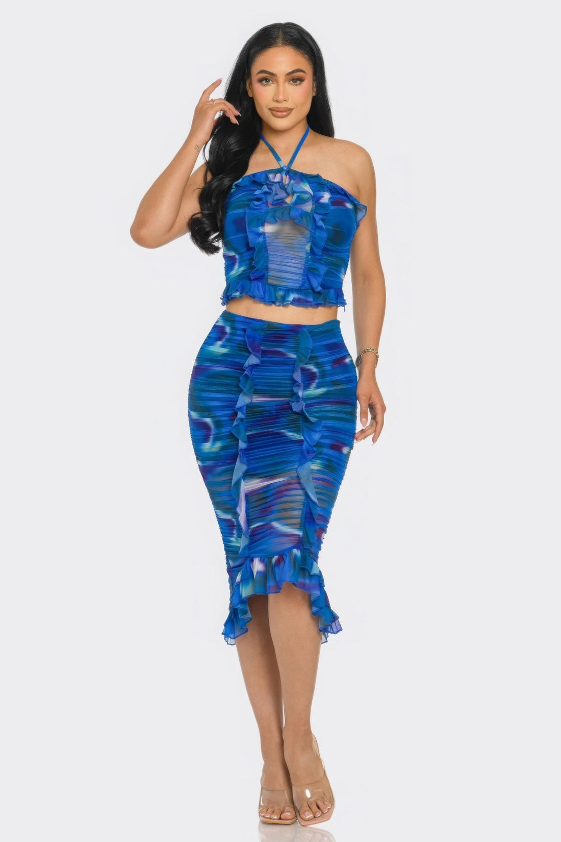 Tropical Waters Print Mesh Ruffle Halter Skirt Set by Fleurcouture | Fleurcouture