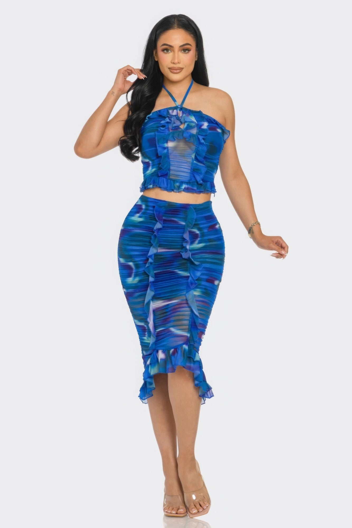 Tropical Waters Print Mesh Ruffle Halter Skirt Set by Fleurcouture | Fleurcouture