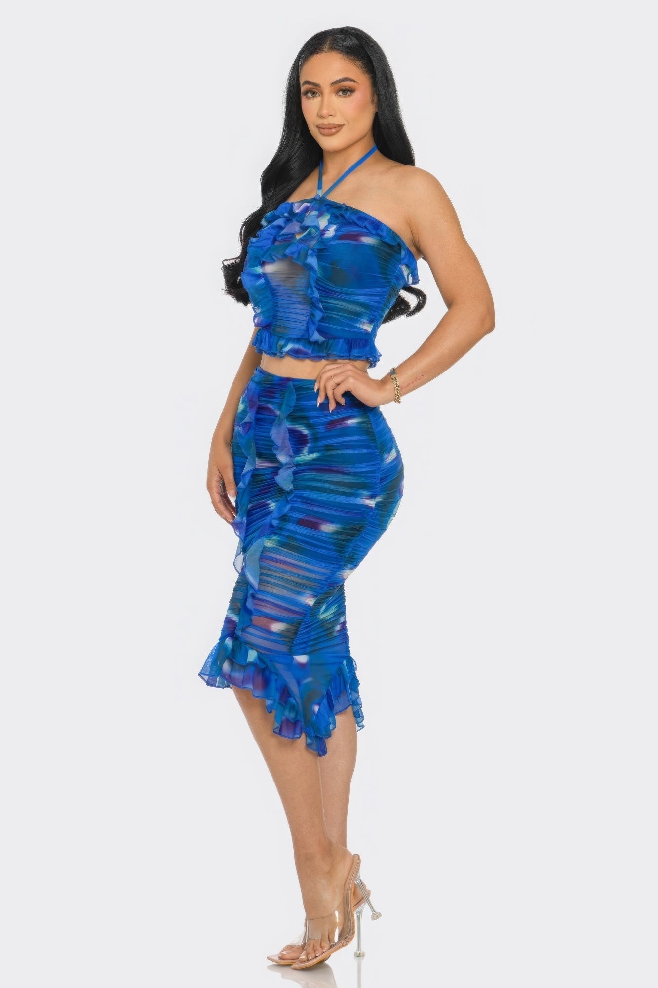 Tropical Waters Print Mesh Ruffle Halter Skirt Set by Fleurcouture | Fleurcouture