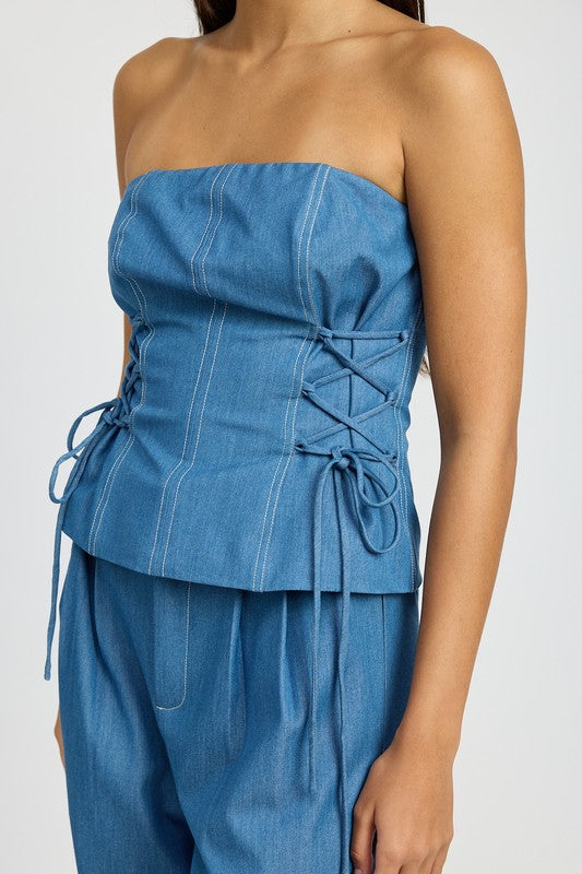 TUBE TOP WITH SIDE LACE UP DETAIL MED DENIM by Emory Park | Fleurcouture