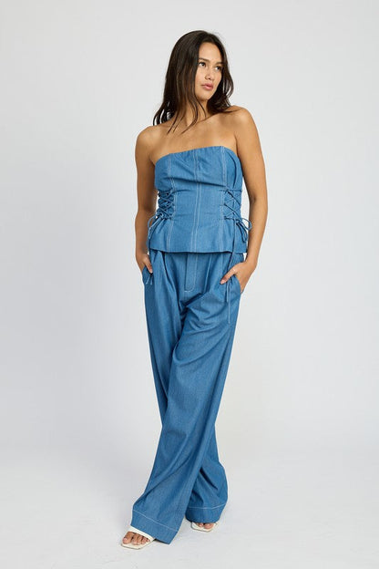 TUBE TOP WITH SIDE LACE UP DETAIL MED DENIM by Emory Park | Fleurcouture