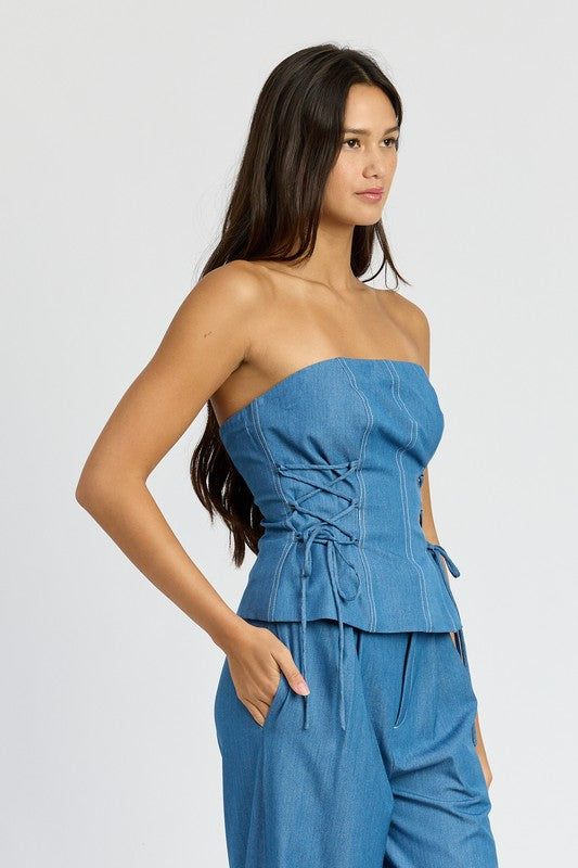 TUBE TOP WITH SIDE LACE UP DETAIL MED DENIM by Emory Park | Fleurcouture