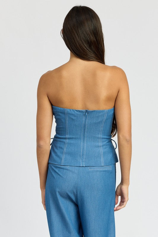 TUBE TOP WITH SIDE LACE UP DETAIL MED DENIM by Emory Park | Fleurcouture