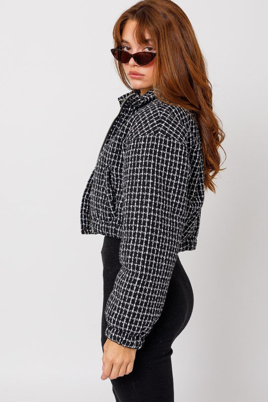 Tweed Crop Puffer Jacket BLACK-WHITE by LE LIS | Fleurcouture