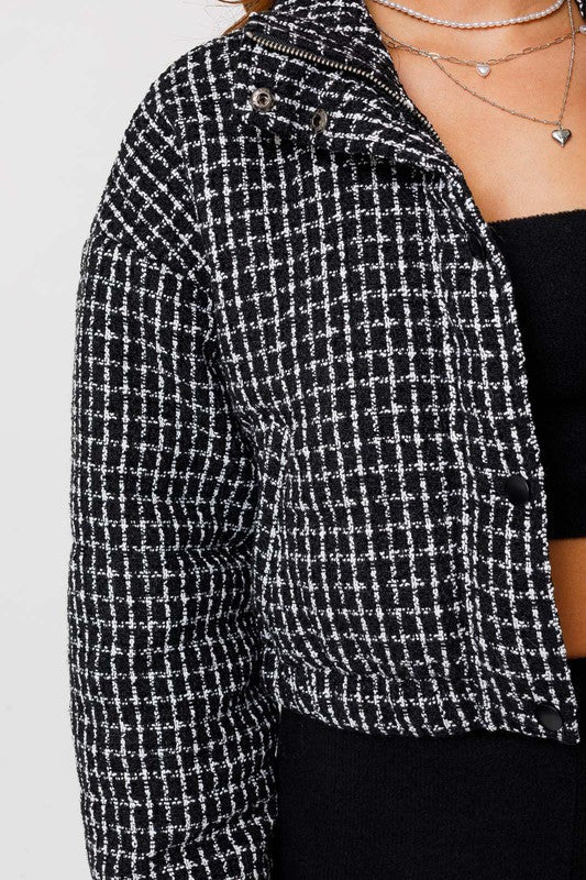 Tweed Crop Puffer Jacket BLACK-WHITE by LE LIS | Fleurcouture