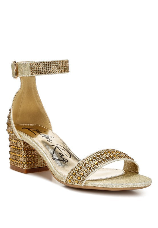 Twerky Rhinestones Embellished Block Sandals Gold US-5 / UK-3 / EU-36 by Rag Company | Fleurcouture