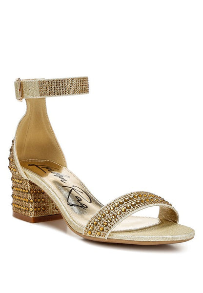 Twerky Rhinestones Embellished Block Sandals Gold US-5 / UK-3 / EU-36 by Rag Company | Fleurcouture