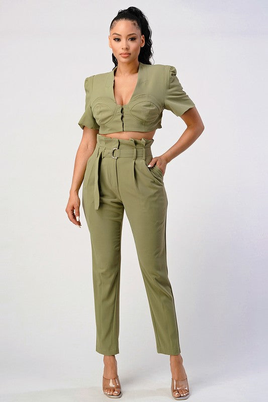 TWO PIECE PANT SET, BELT INCLUDED OLIVE by Athina | Fleurcouture