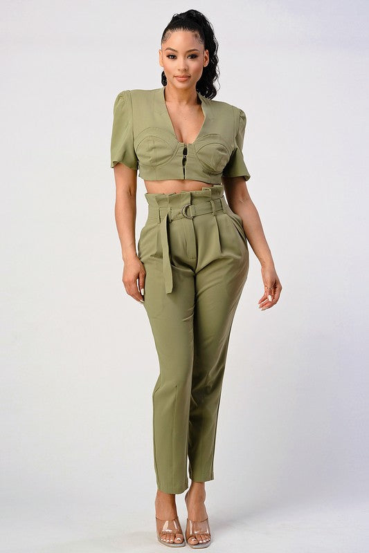 TWO PIECE PANT SET, BELT INCLUDED OLIVE by Athina | Fleurcouture