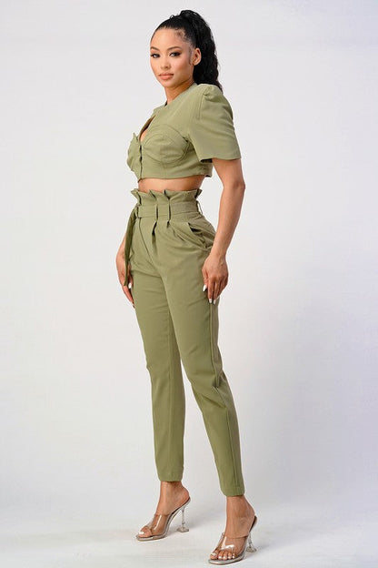 TWO PIECE PANT SET, BELT INCLUDED OLIVE by Athina | Fleurcouture