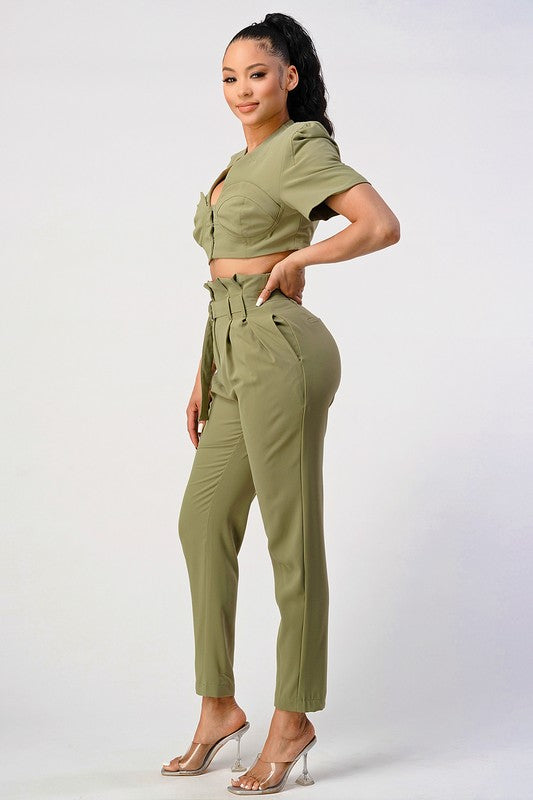 TWO PIECE PANT SET, BELT INCLUDED OLIVE by Athina | Fleurcouture