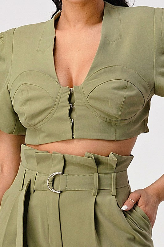 TWO PIECE PANT SET, BELT INCLUDED OLIVE by Athina | Fleurcouture