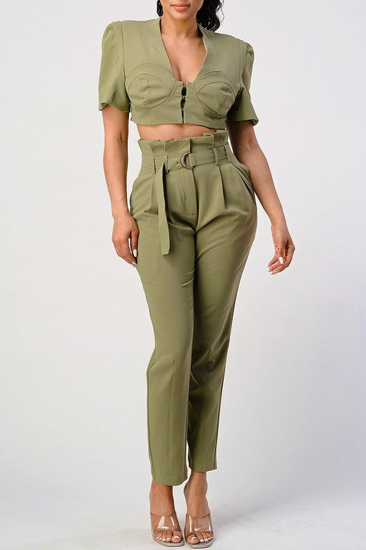 TWO PIECE PANT SET, BELT INCLUDED OLIVE S by Athina | Fleurcouture