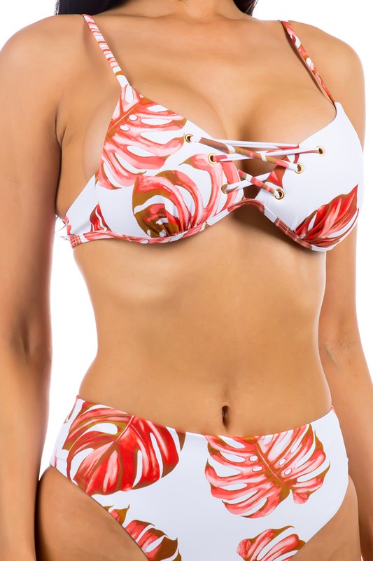 Two Piece Tropical Leave Print Bikini Red by Mermaid Swimwear | Fleurcouture