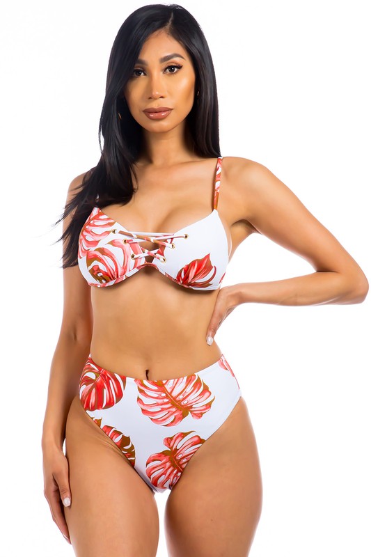 Two Piece Tropical Leave Print Bikini Red by Mermaid Swimwear | Fleurcouture