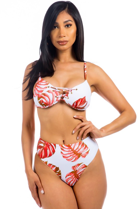 Two Piece Tropical Leave Print Bikini Red S by Mermaid Swimwear | Fleurcouture