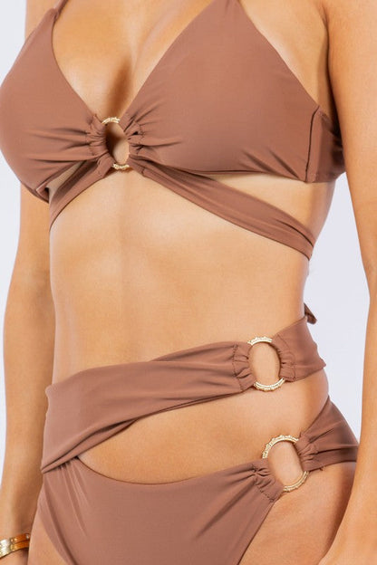 TWO PIECE WRAPPING WITH MULTI O RING BIKINI Coffee S by Mermaid Swimwear | Fleurcouture