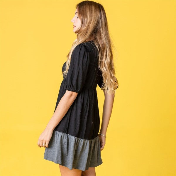 Two Tone Tiered Mini Dress Black Charcoal S by EG fashion | Fleurcouture