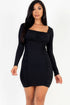 U-neck long sleeve ruched bodycon mini dress by Fleurcouture | Fleurcouture