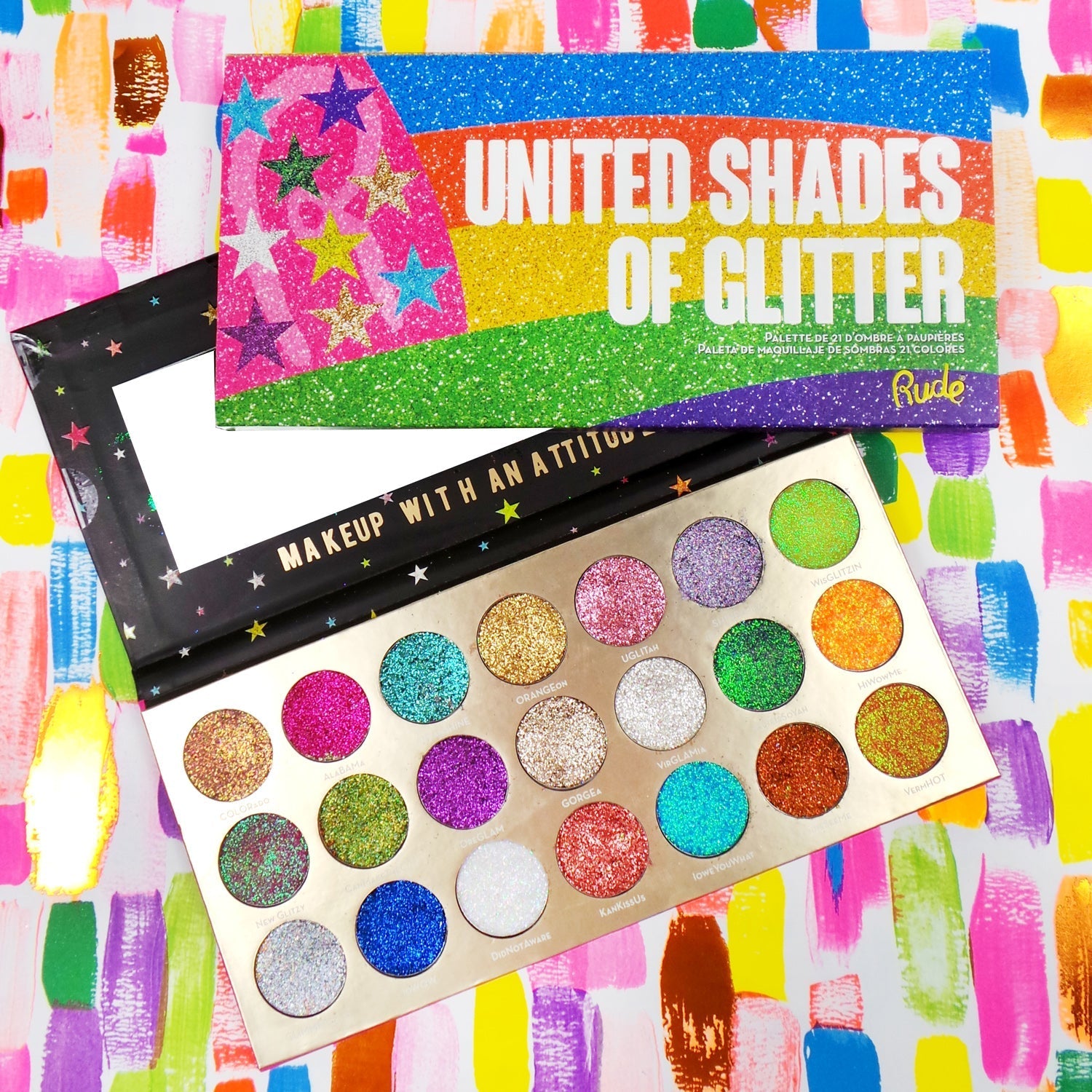 United Shades of Glitter - 21 Pressed Glitter Palette Face Palettes by Rude Cosmetics | Fleurcouture