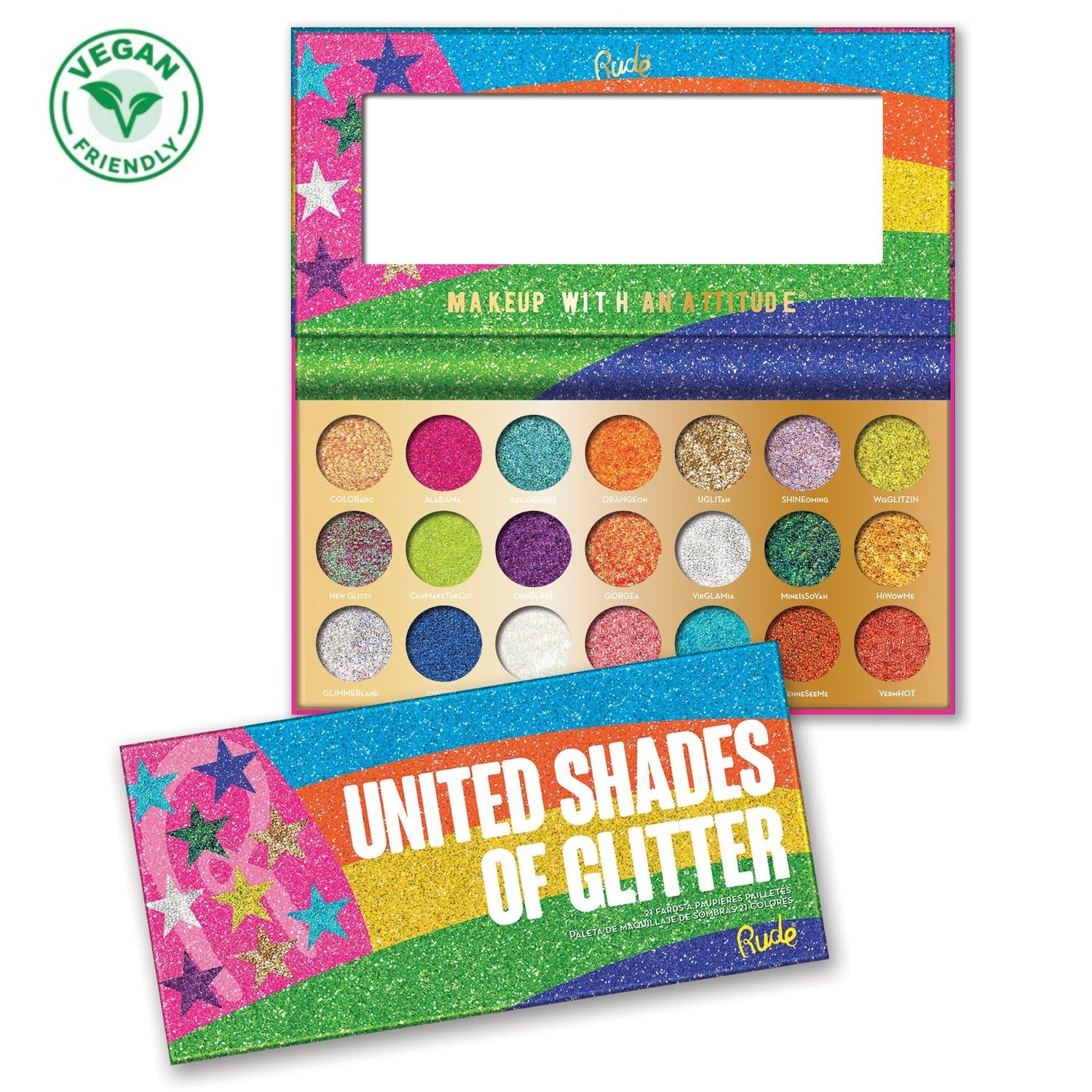 United Shades of Glitter Pressed Glitter Palette Display Set, 12pcs Wholesale Set by Rude Cosmetics | Fleurcouture