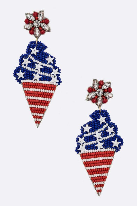 USA Flag Beaded Ice Cream Cone Earrings USA Color O/S by LA Jewelry Plaza | Fleurcouture