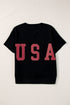 USA Notched Short Sleeve T-Shirt Black S Tops by Trendsi | Fleurcouture