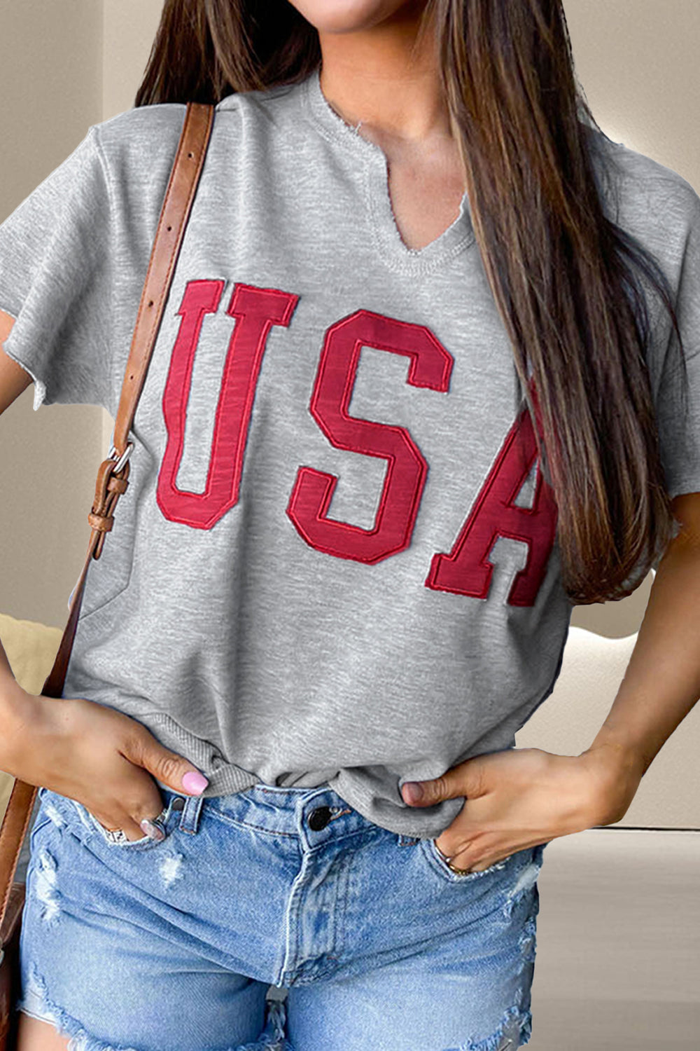 USA Notched Short Sleeve T-Shirt Gray S Tops by Trendsi | Fleurcouture