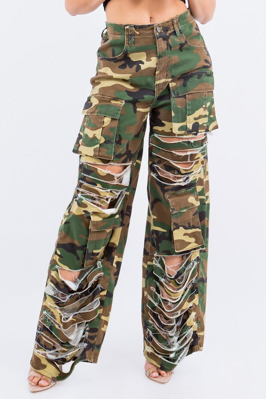 Utility Cargo Pants in Ripped Cargo Camouflage s by GJG Denim | Fleurcouture