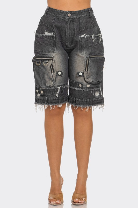 Utility-Chic Frayed Denim Casual Cargo Shorts DENIM by Athina | Fleurcouture