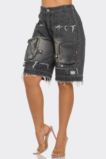 Utility-Chic Frayed Denim Casual Cargo Shorts DENIM by Athina | Fleurcouture