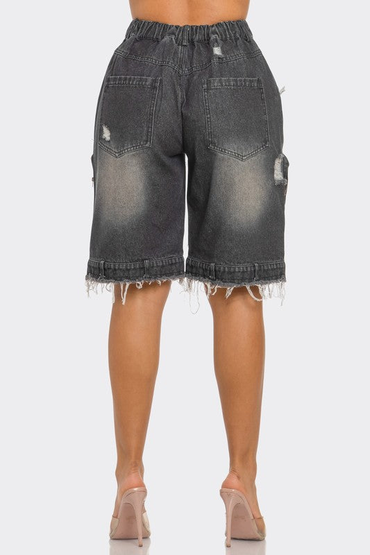 Utility-Chic Frayed Denim Casual Cargo Shorts DENIM by Athina | Fleurcouture