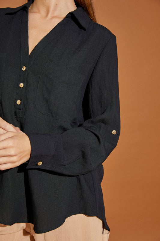 V Neck Button Down Henley Shirt BLACK by Mustard Seed | Fleurcouture