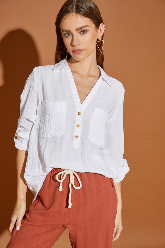 V Neck Button Down Henley Shirt OFF WHITE S by Mustard Seed | Fleurcouture