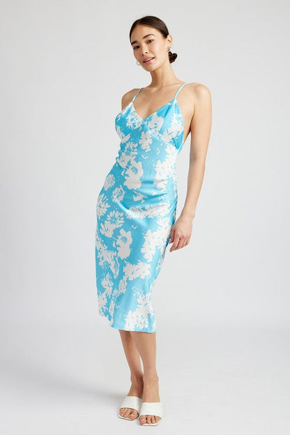 V NECK FLORAL DRESS WITH OPEN BACK TURQUOISE by Emory Park | Fleurcouture