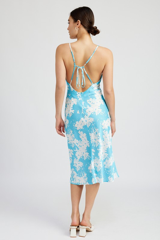 V NECK FLORAL DRESS WITH OPEN BACK TURQUOISE by Emory Park | Fleurcouture