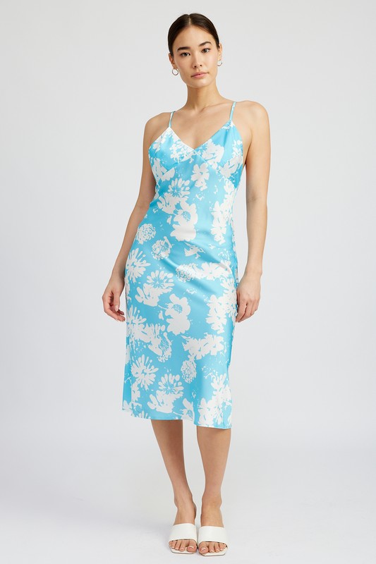 V NECK FLORAL DRESS WITH OPEN BACK TURQUOISE S by Emory Park | Fleurcouture