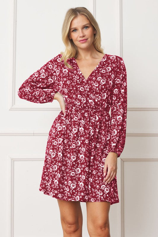 V-Neck Flowy Floral Mini Dress burgundy 1X by EG fashion | Fleurcouture