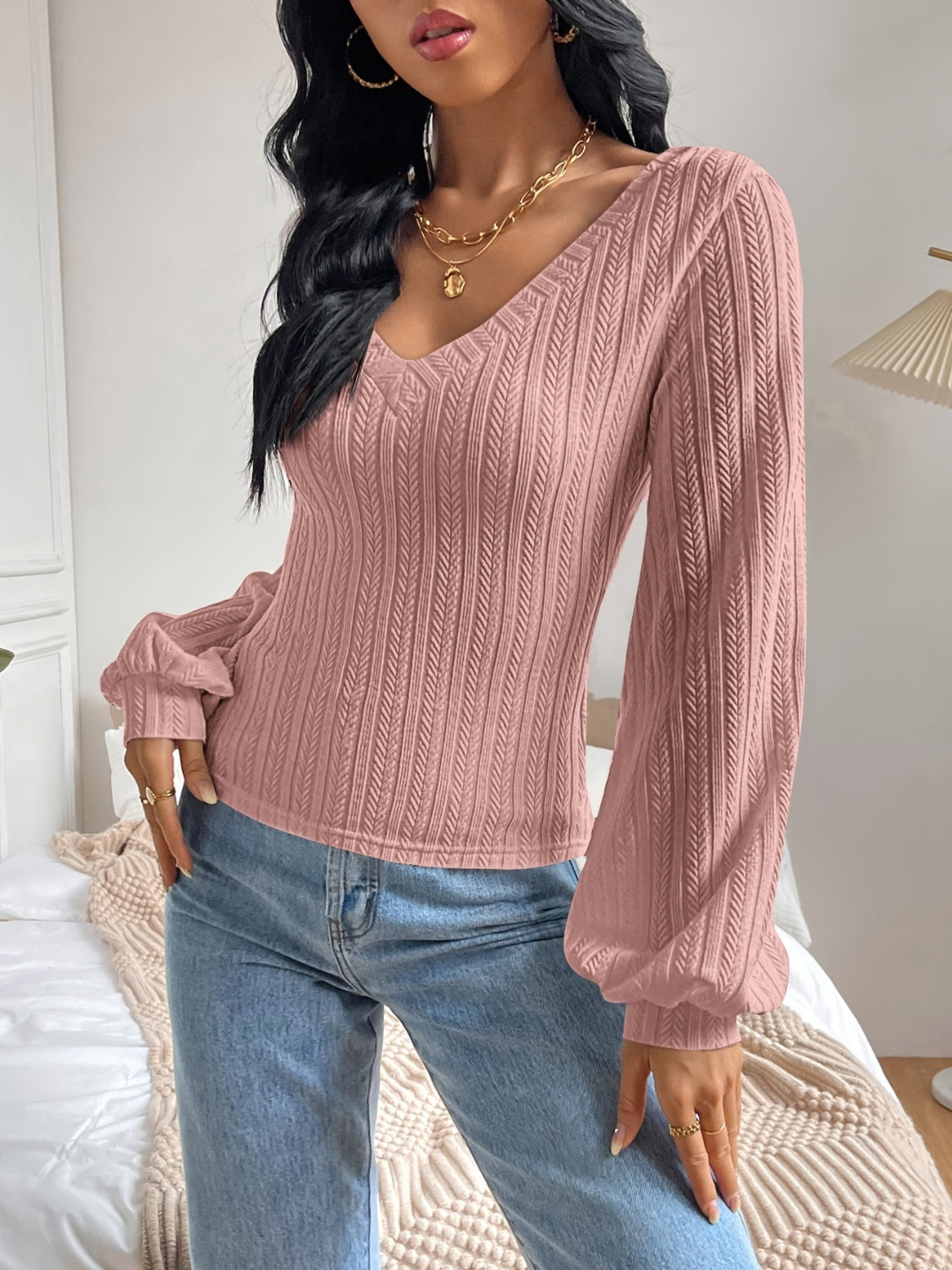 V-Neck Long Sleeve T-Shirt Women&