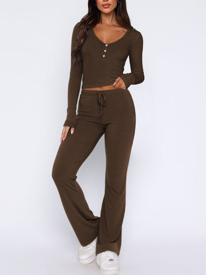 V-Neck Long Sleeve Top and Pants Set Olive Brown S Women&