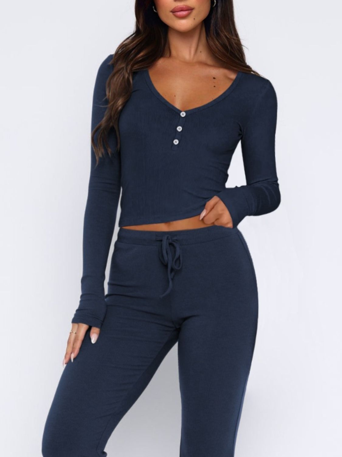 V-Neck Long Sleeve Top and Pants Set Women&