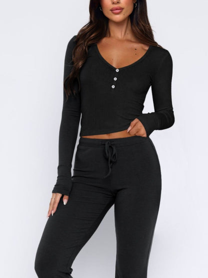 V-Neck Long Sleeve Top and Pants Set Women&