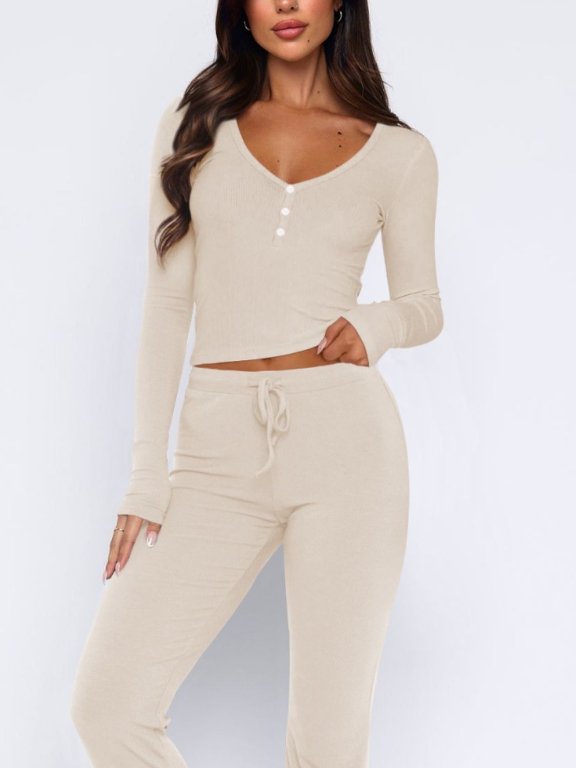 V-Neck Long Sleeve Top and Pants Set Women&