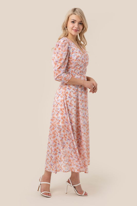 V neck maxi dress Pink floral by Lilou | Fleurcouture