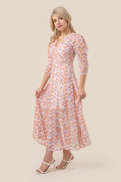 V neck maxi dress Pink floral by Lilou | Fleurcouture