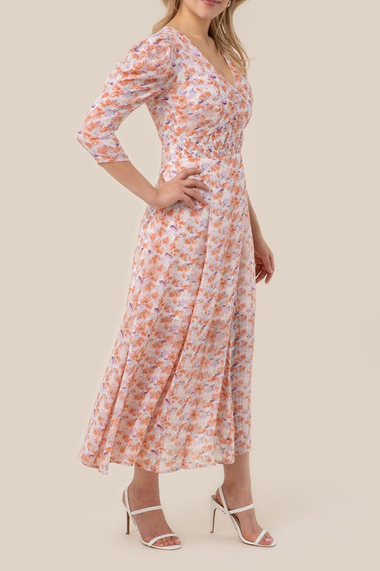 V neck maxi dress Pink floral by Lilou | Fleurcouture