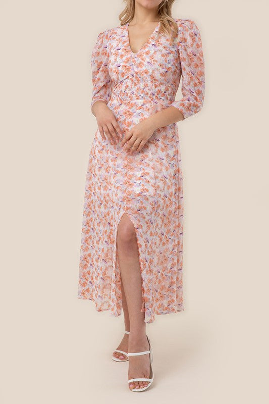 V neck maxi dress Pink floral by Lilou | Fleurcouture