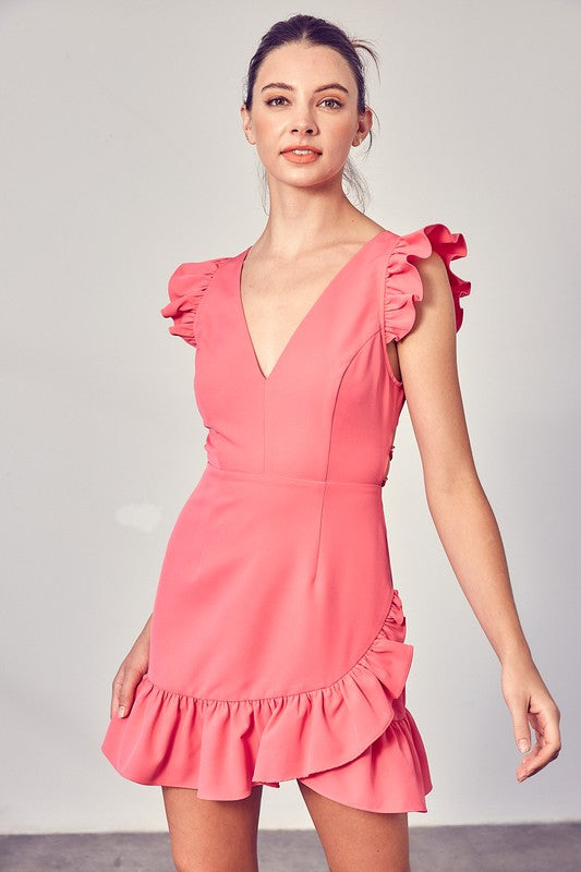 V-Neck Ruffle Dress PINK PUNCH S by Do + Be Collection | Fleurcouture